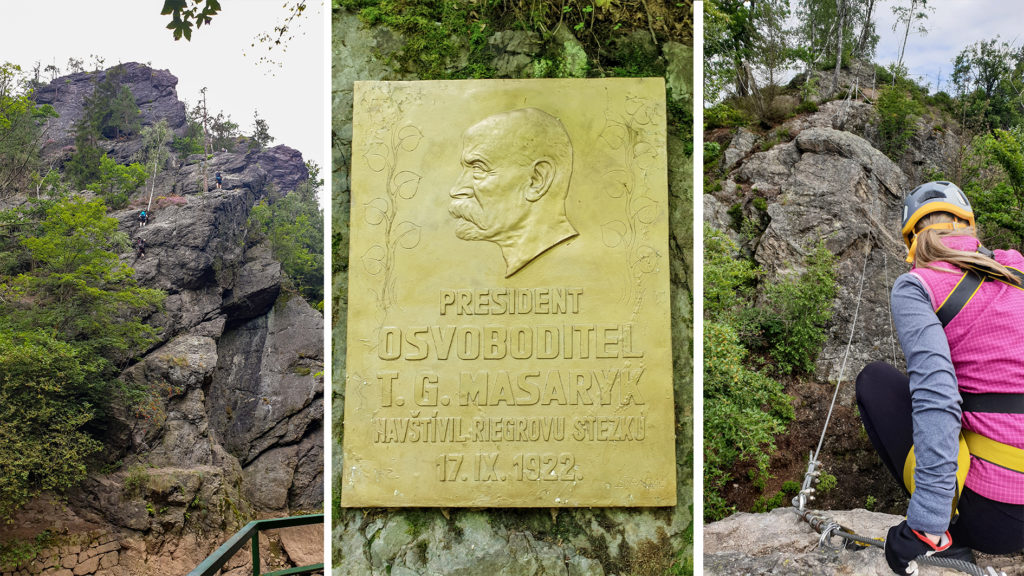 Ferrata Vodní brána a pamětní deska u začátku Riegrovy stezky