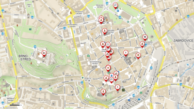 Mapa centrum Brna, nejznámějsí památky